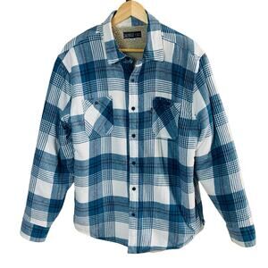 Caliville Size L Men's Plaid Flannel Shirt Jacket Shacket Blue Sherpa Lined